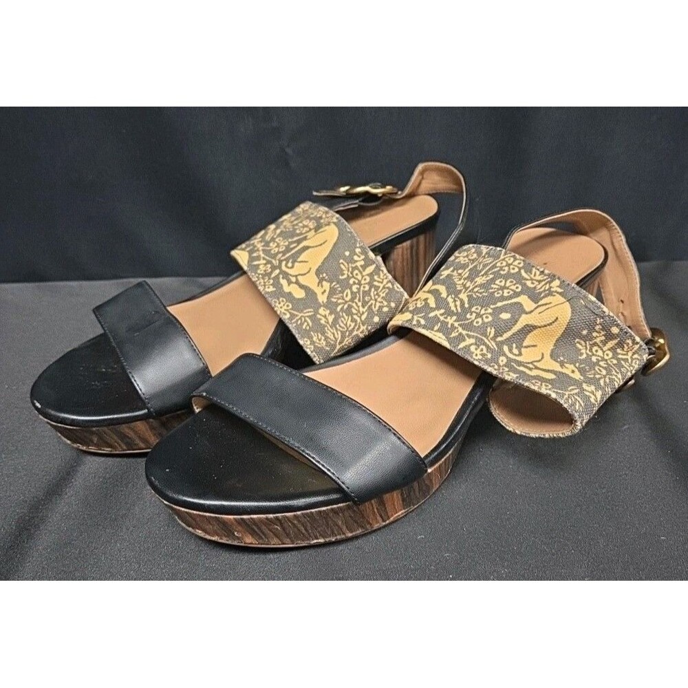 Aerosoles X Laura Ashley Camera Platform Wedge Black Leather Fabric Size 9